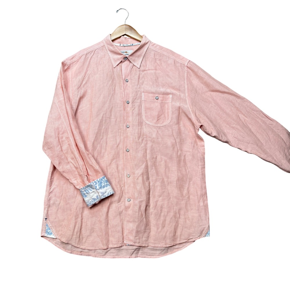 Tommy Bahama Button Down Shirt Mens Large Pink Linen Blend Stripe Flip Cuffs EUC